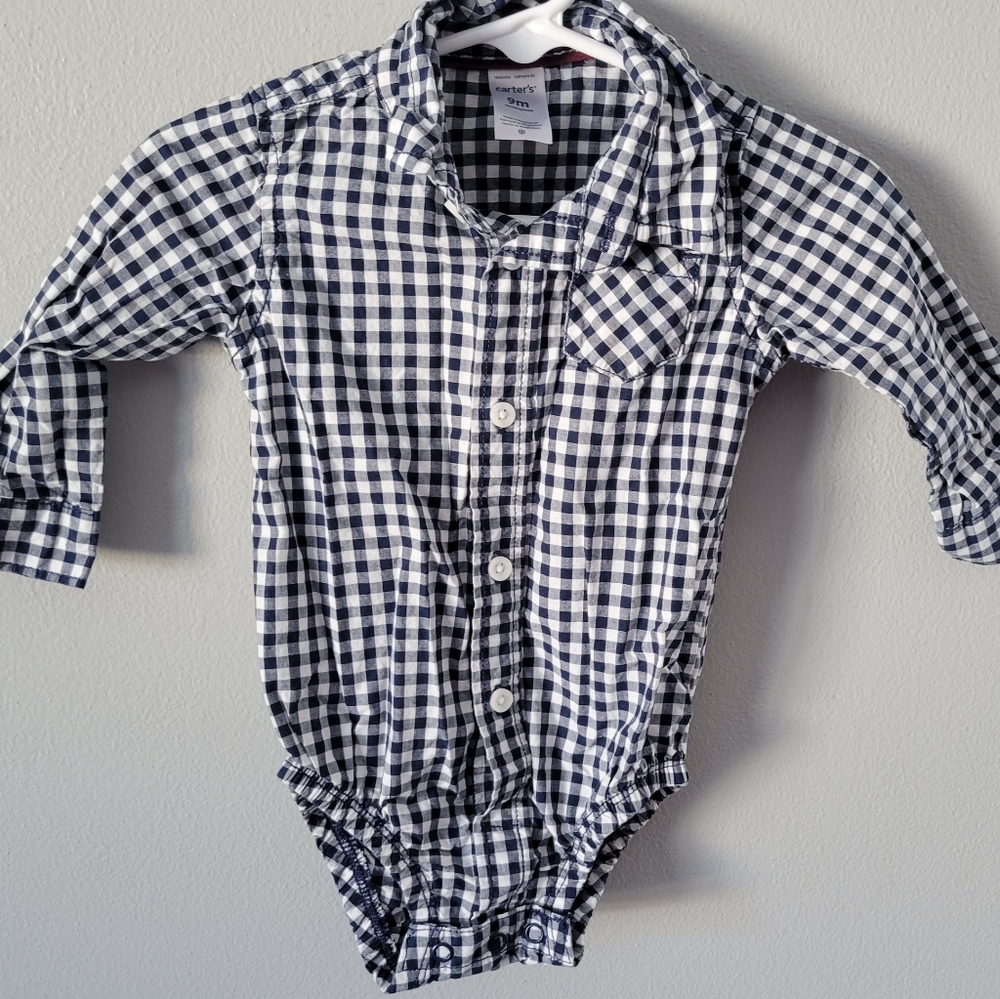 Carter's Navy & White Gingham Baby Button-Up Onesie Size 9m